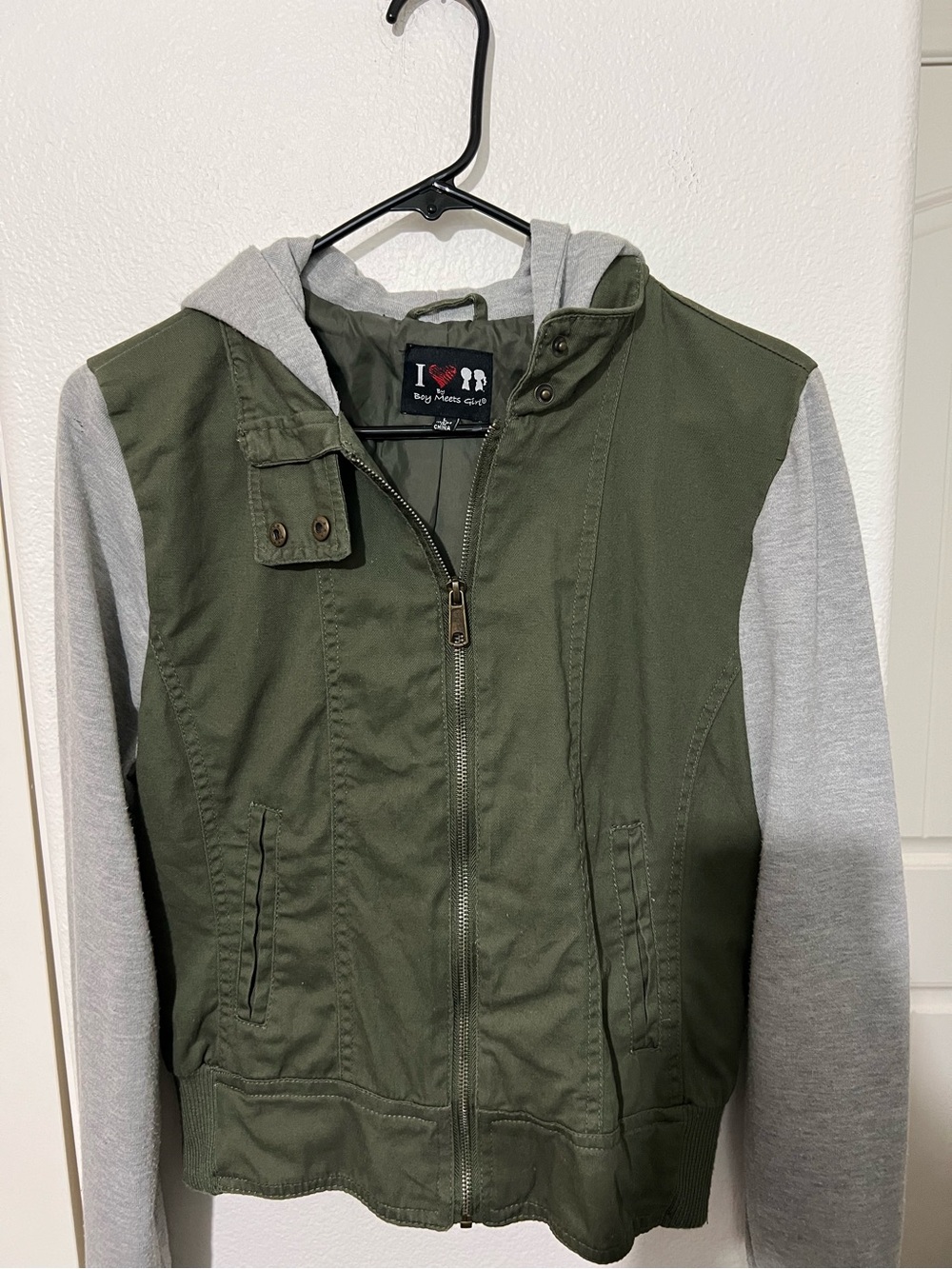 Boy Meets Girl Olive Green Utility Jacket with Gray Sleeves